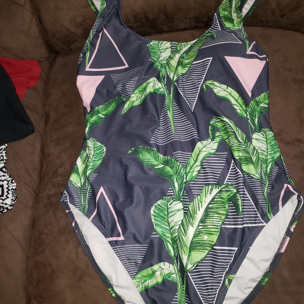 Swimsuit gray, pink, green and white